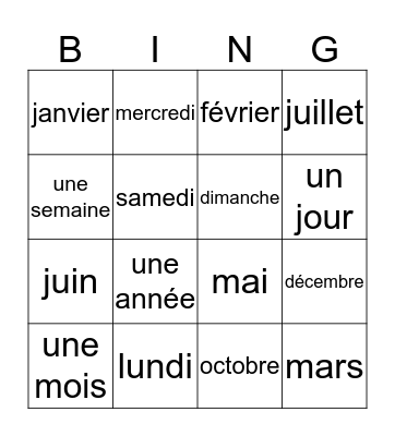 Les jours et les mois Bingo Card