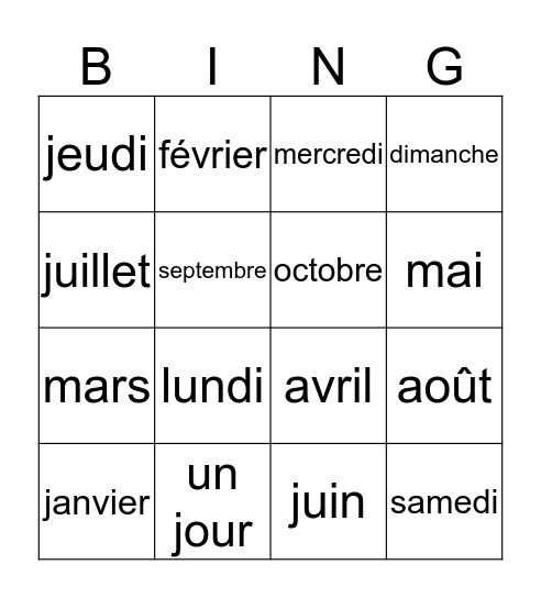 Les jours et les mois Bingo Card