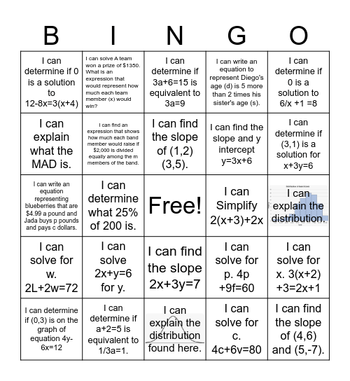 Algebra 1 BINGO IM 2023-24 Bingo Card