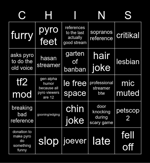 Pyro Stream Chat Bingo Card