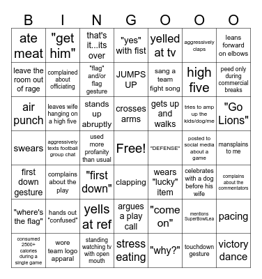 Shawn's Football Wife Bingo Card