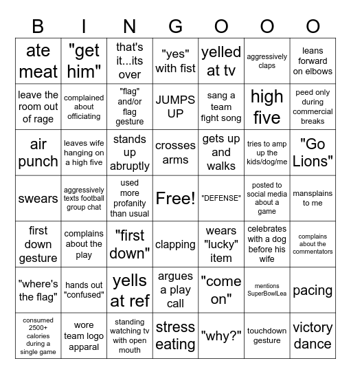 Shawn's Football Wife Bingo Card