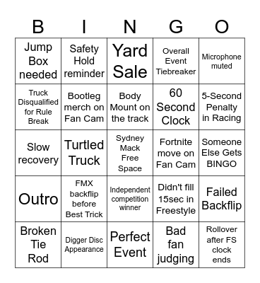 Arena Monster Jam Bingo Card