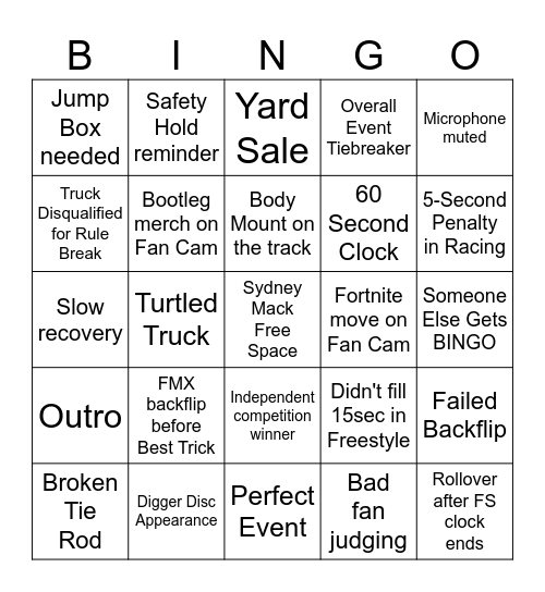 Arena Monster Jam Bingo Card