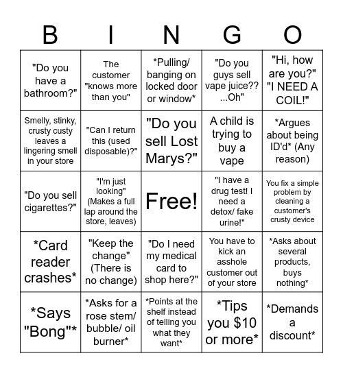 Smoke Shop Customer Bingo Card