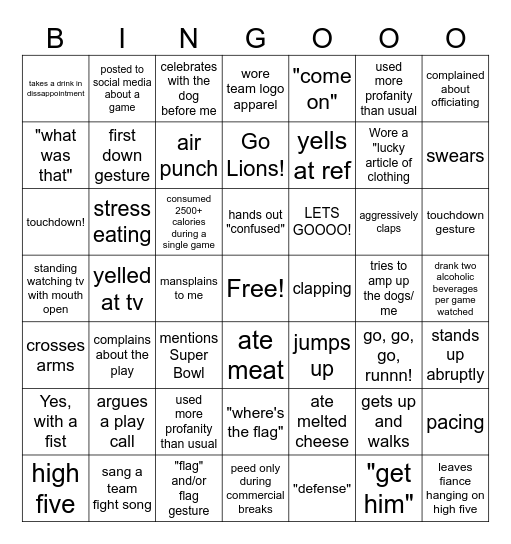 Jacob's Football Fiance Bingo Card