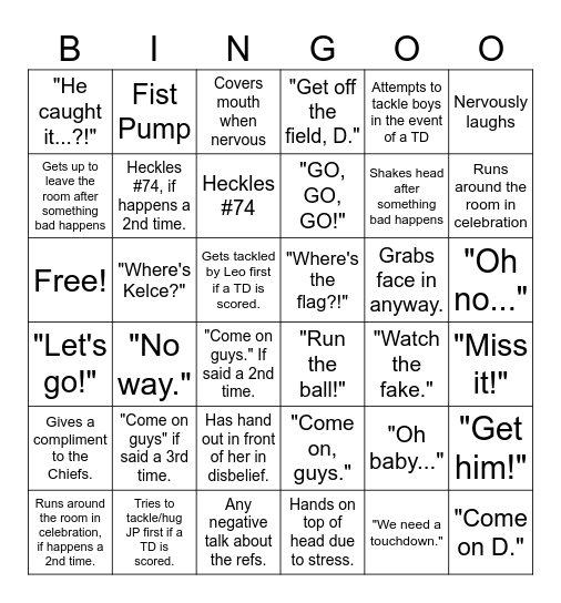 Things Shannen does during a Chiefs Game Bingo Card