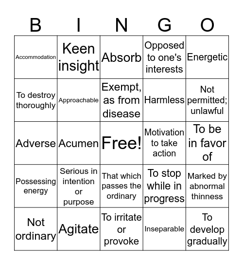 Vocabulary Review Bingo Card