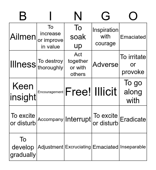 Vocabulary Review Bingo Card