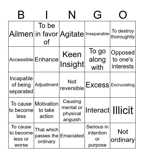 Vocabulary Review Bingo Card