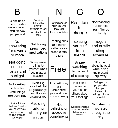 Self-Sabotage Bingo Card