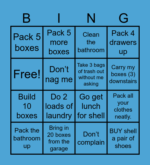 Ryan’s Packing Bingo Card