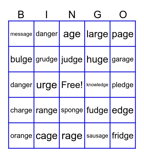 DGE and GE Words Bingo Card
