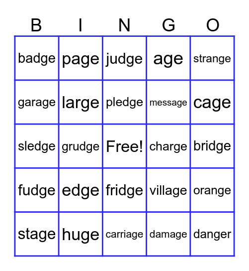 DGE and GE Words Bingo Card