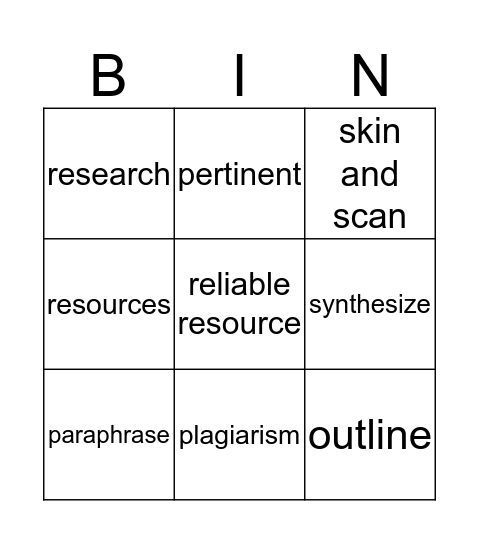 Vocabulary BINGO Card