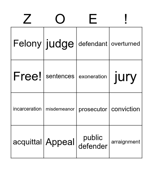 Criminal Law Jargon Bingo Card