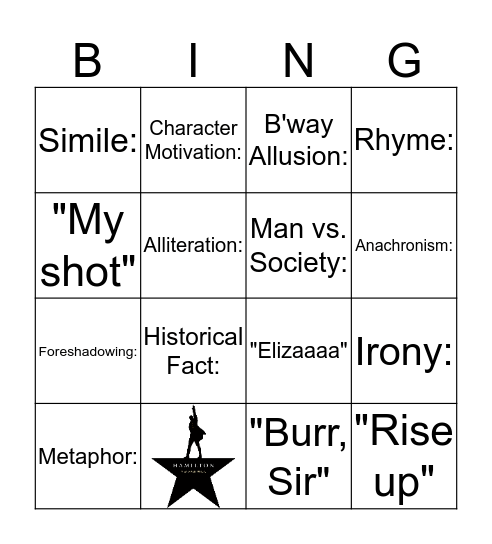 Hamilton the Musical Bingo Card