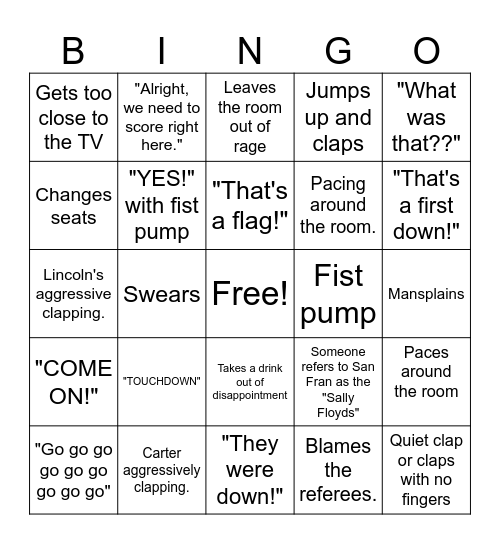 Football Husband Bingo Card