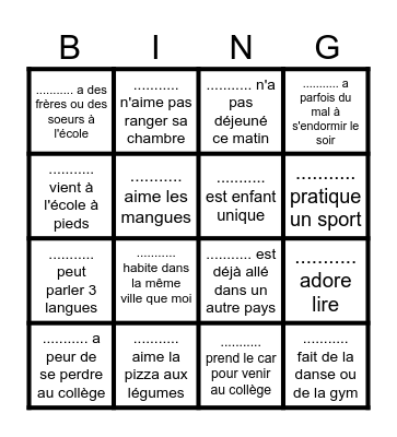 Bingo pour faire connaissance avec  ma classe Bingo Card