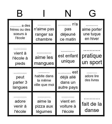 Bingo pour faire connaissance avec  ma classe Bingo Card