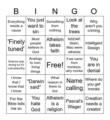 Theist Bingo Card