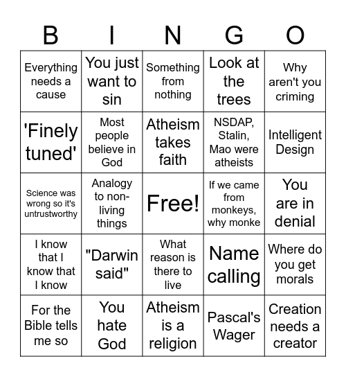 Theist Bingo Card