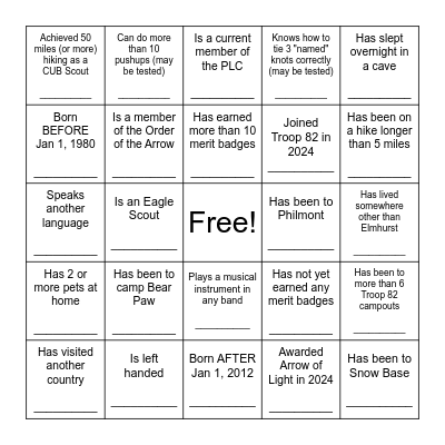 Troop 82 Icebreaker Bingo Card