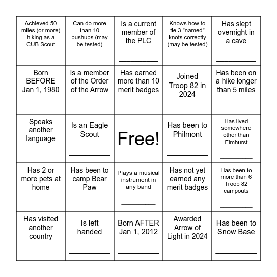 Troop 82 Icebreaker Bingo Card