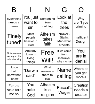 Theist Bingo Card
