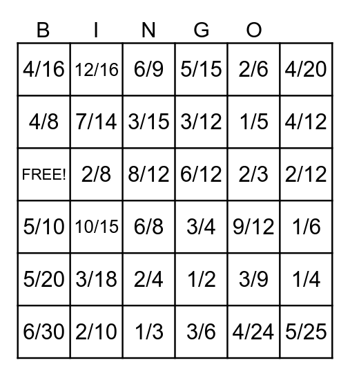 Equivalent Fractions Bingo Card