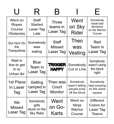 Urban Air Bingo Card