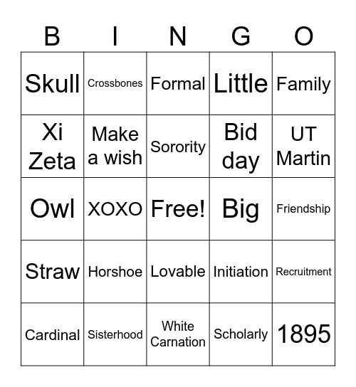 Chi Omega Bingo Card