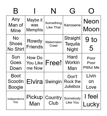 Front Row Country Bingo Card