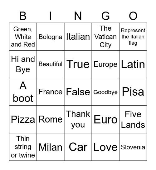 Italy and Italian General Knowledge Bingo Card