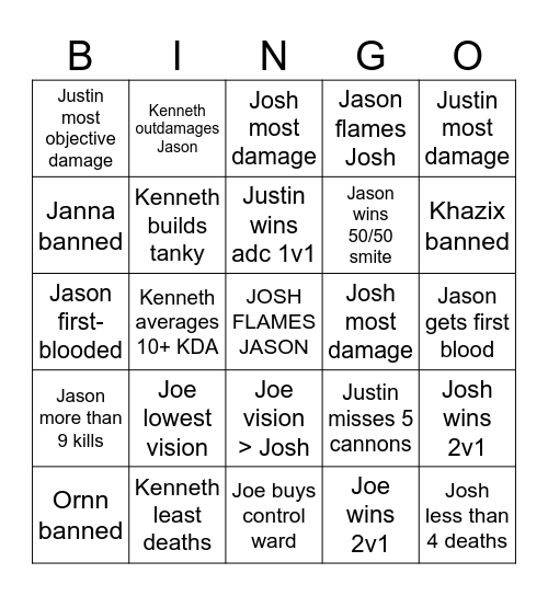 Js and K Clash Bingo Card