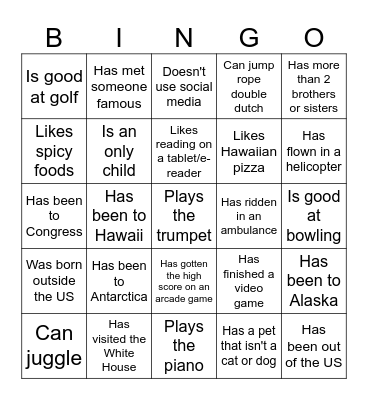 Ice Breaker Scavenger Hunt Bingo Card