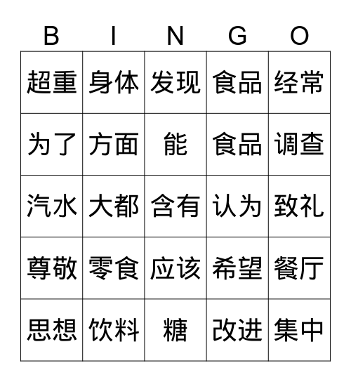 饮食 2 Bingo Card