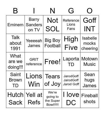 Lions vs 49er’s Bingo Card