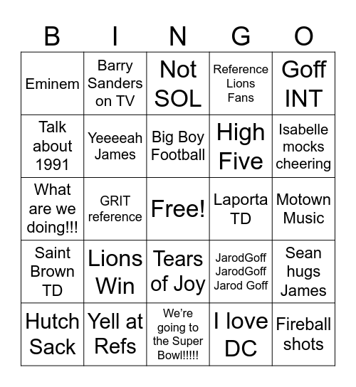 Lions vs 49er’s Bingo Card