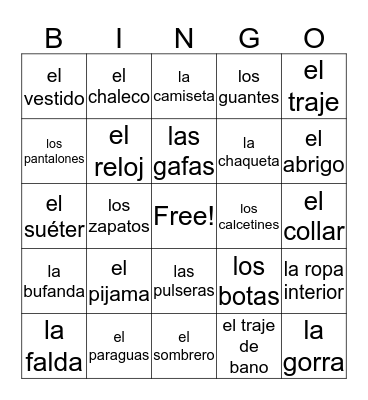 La Ropa Bingo Card