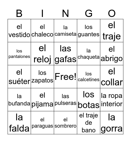 La Ropa Bingo Card