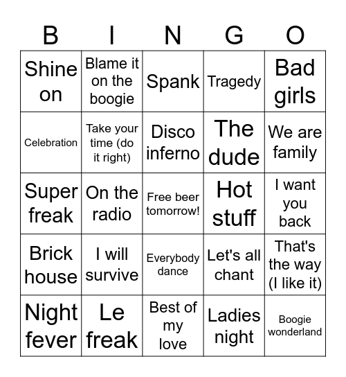 Funk 70's Bingo Card