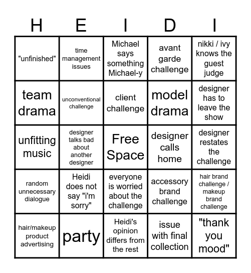 Project Runway Bingo!!! Bingo Card