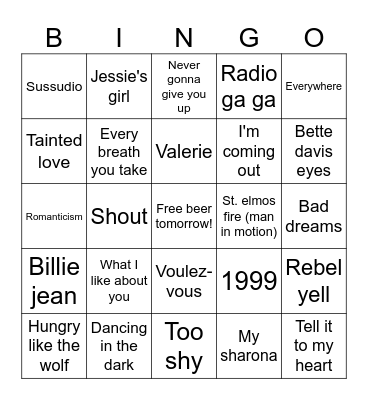 Pop 80's Bingo Card