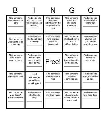 Find a Friend Bingo Card