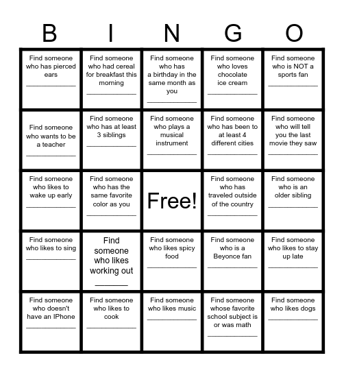 Find a Friend Bingo Card