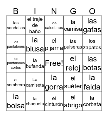 La ropa Bingo Card