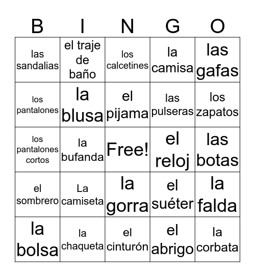 La ropa Bingo Card