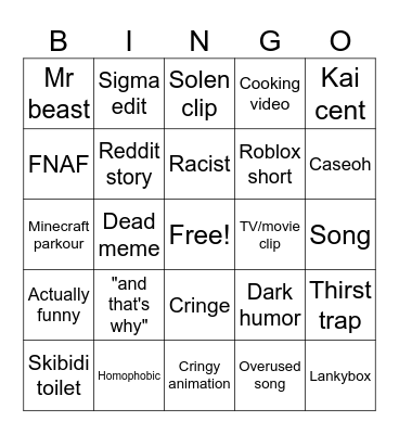 YT Shorts bingo Card