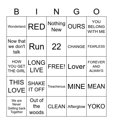 TAYLOR SWIFT SONGS Bingo Card
